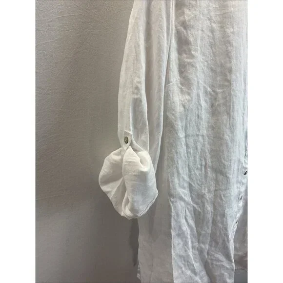 TAHARI Collarless Linen Tunic Size 2X Button Down Shirt White Roll Tab flowy - Picture 3 of 8
